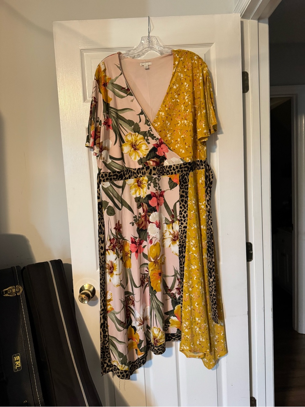Floral and Mustard Wrap Maxi Dress with Leopard Trim